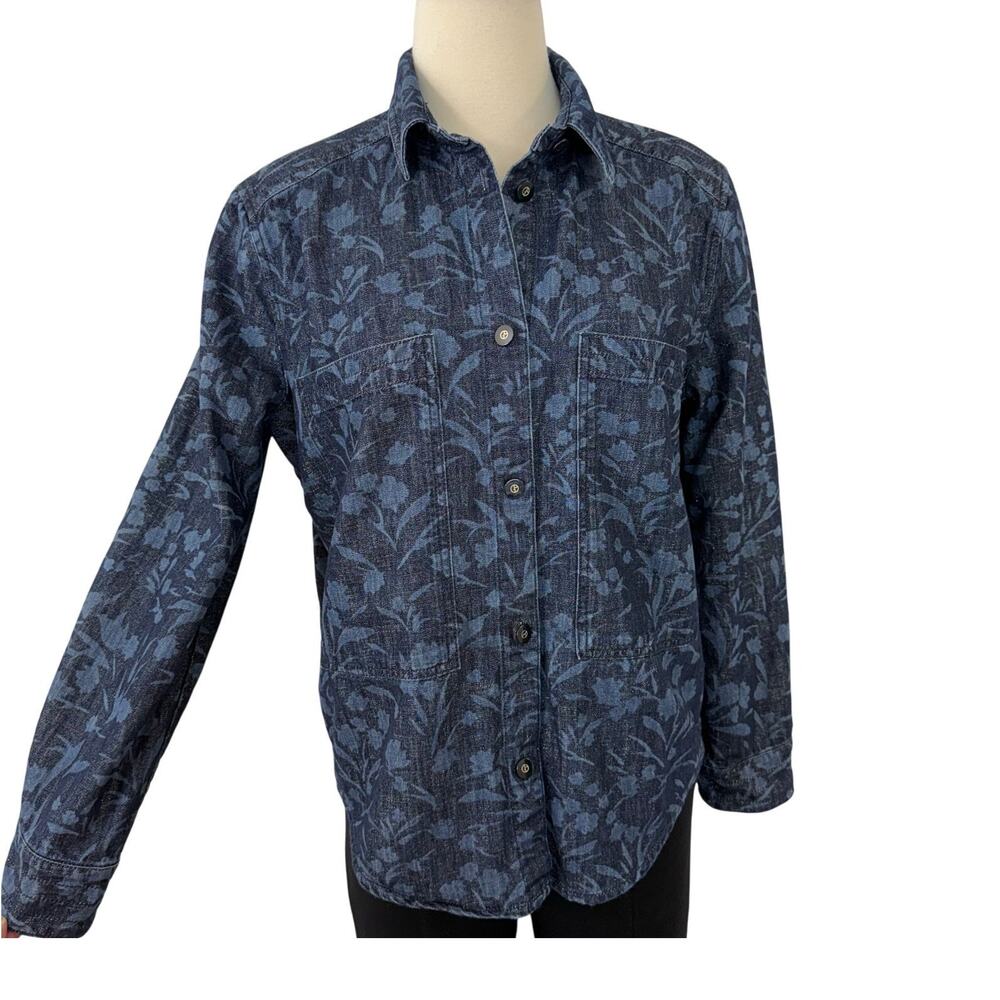 Giorgio Armani Denim Chambray Shirt Floral Lurex Blue/Gold IT 46 (US 10)